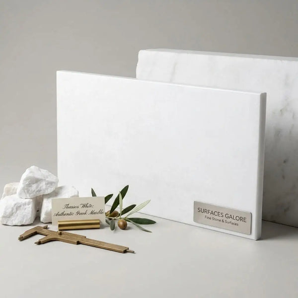 White rectangular thassos white marble slab with subtle veining polished or honed by surfaces galore