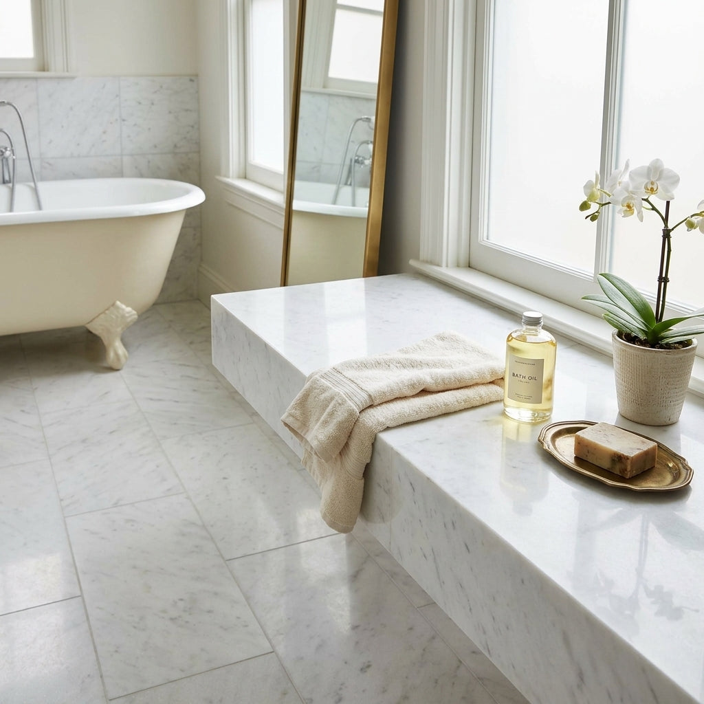 A clear glass bottle of golden-yellow bath oil with silver cap displayed on Thassos white 18x18 marble polished surface