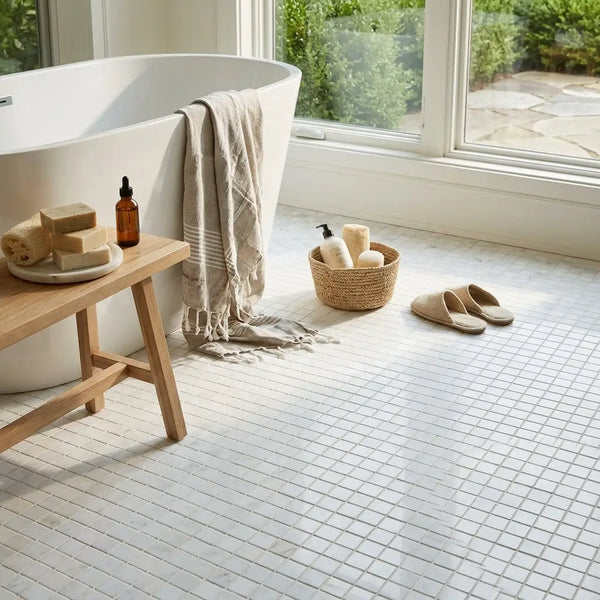 Thassos white 1x1 mosaic marble polished or honed tile floor with subtle grid pattern in white mosaic design