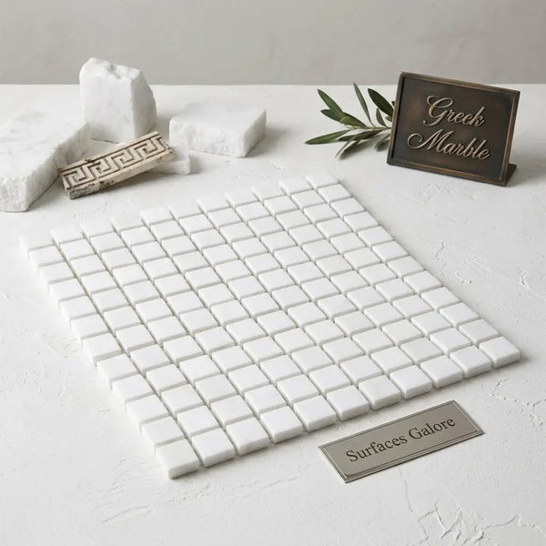 Thassos white 1x1 mosaic marble polished tile with smooth surface and uniform square design in white greek marble