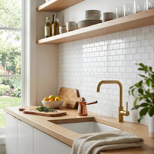 Gold-toned kitchen faucet with curved spout and single handle next to thassos white 1x2 brick mosaic marble polished tile
