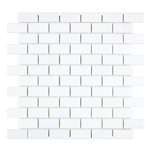 Thassos White 1X2 Brick Mosaic Marble Polished or Honed featuring white subway tile