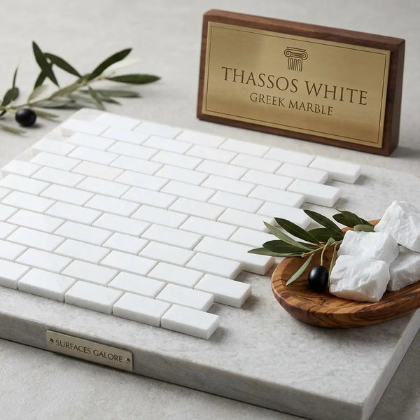 Thassos white 1x2 brick mosaic marble polished or honed tiles in white thassos greek marble arranged in classic brick pattern
