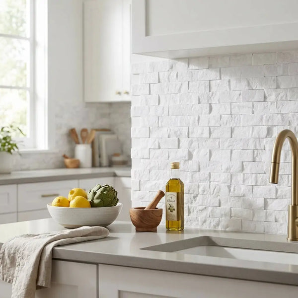 A bottle of golden olive oil with a gold cap on a kitchen countertop beside thassos white 1x2 brick mosaic marble split-faced