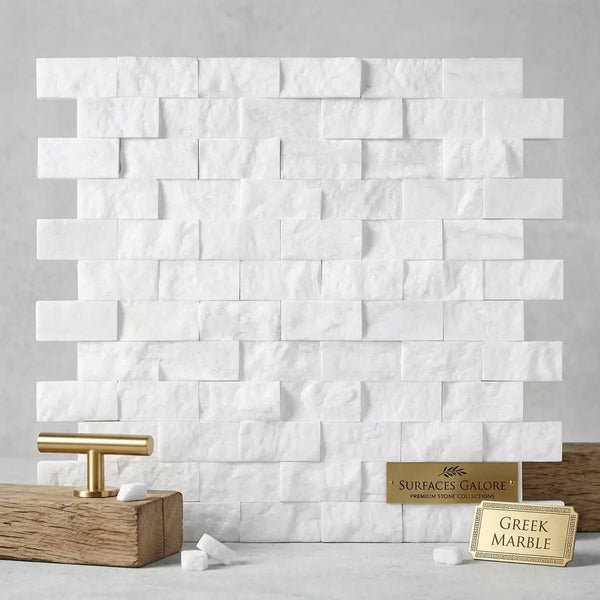 Thassos white 1x2 brick mosaic marble split-faced tile in white greek marble with textured rustic finish stacked stone pattern