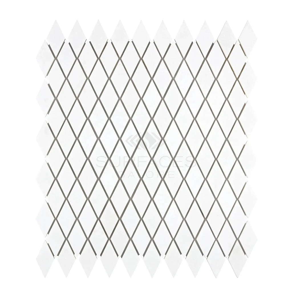 Thassos White 1X2 Diamond Rhomboid Mosaic Marble Polished or Honed with white tile design