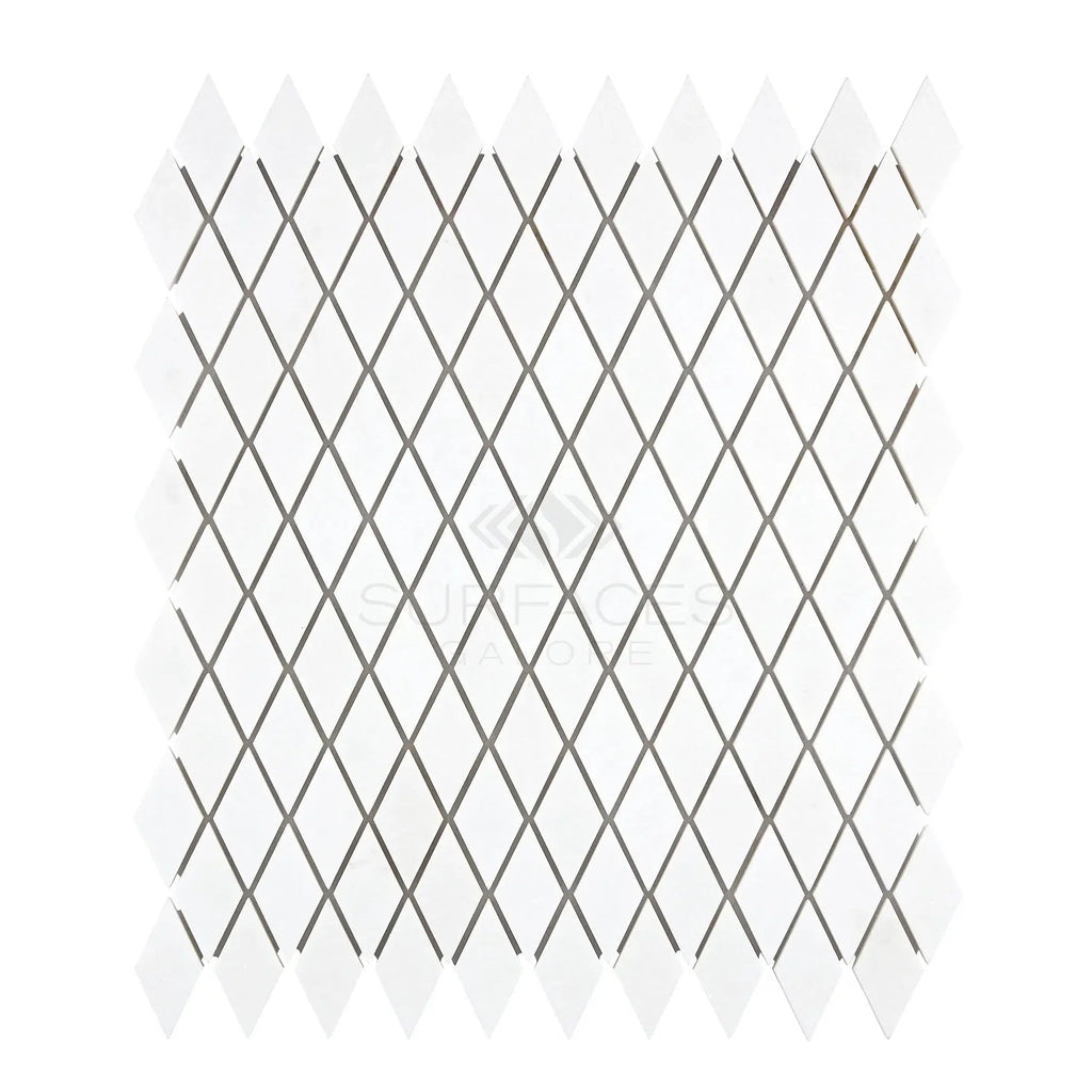 Thassos White 1X2 Diamond Rhomboid Mosaic Marble Polished or Honed with white tile design