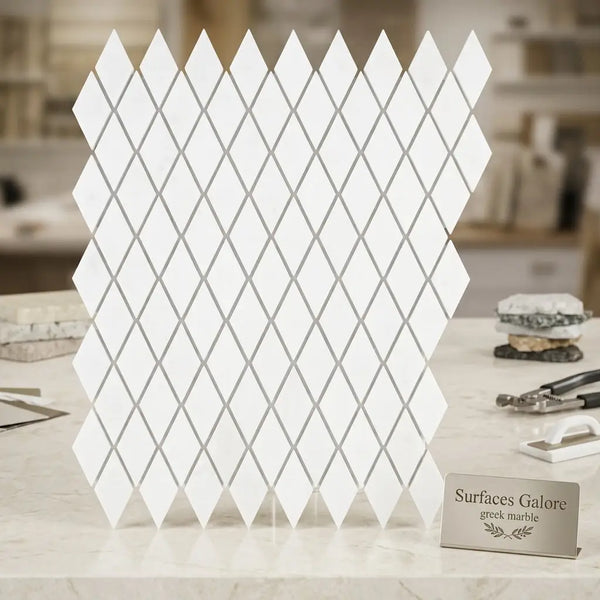 Thassos white 1x2 diamond mosaic panel of polished gray grouted greek marble tiles in rhomboid shape