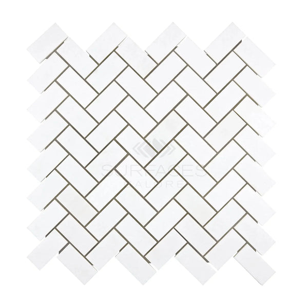 White herringbone tile pattern in Thassos White 1X2 Herringbone Mosaic Marble