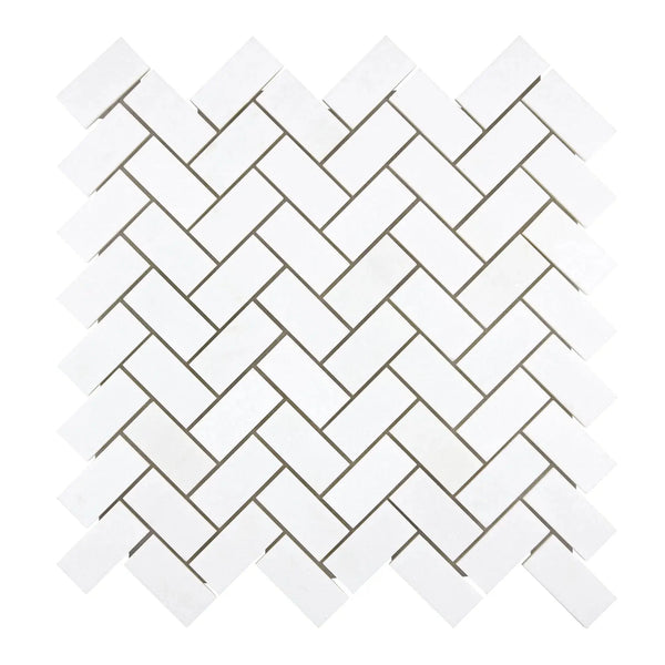 Thassos White 1X2 Herringbone Mosaic Marble Polished tile design in white herringbone pattern