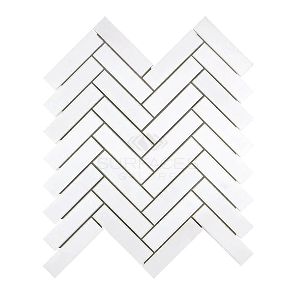 Thassos White 1X4 Herringbone Mosaic Marble Polished tile pattern in white