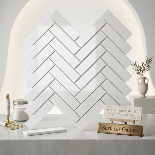 White greek marble tiles in a polished herringbone mosaic pattern showcasing thassos white 1x4 marble design