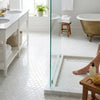 Thassos white 2 inch hexagon mosaic marble tile flooring with a subtle matte honed finish