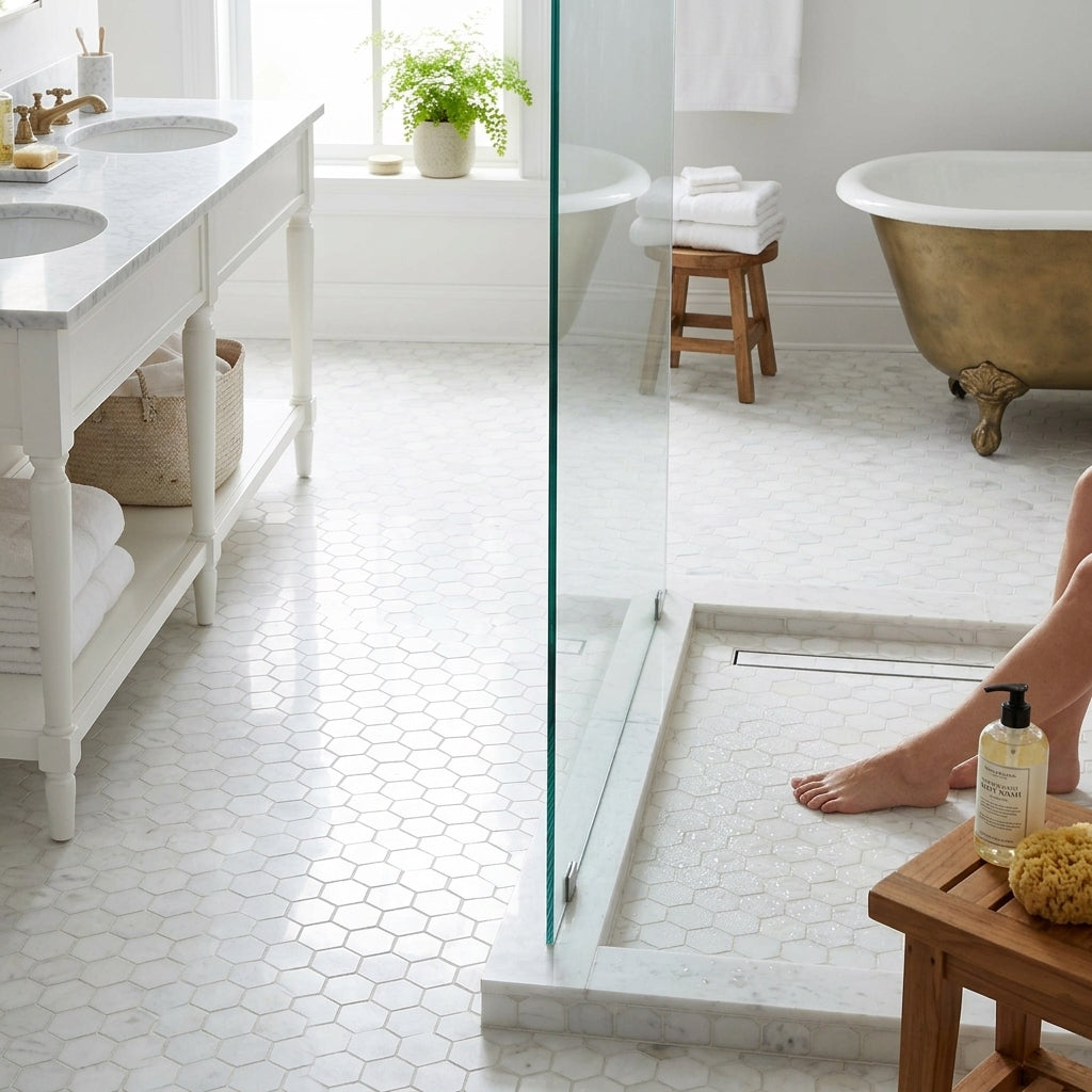 Thassos white 2 inch hexagon mosaic marble tile flooring with a subtle matte honed finish