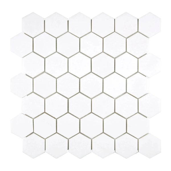 Thassos White 2 Inch Hexagon Mosaic Marble in polished and honed finishes
