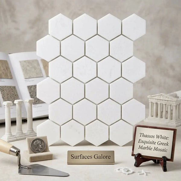 Thassos white 2 inch hexagon mosaic marble polished or honed tiles in white hexagonal grid pattern