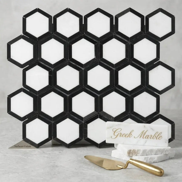Thassos white 2 inch vortex hexagon black mosaic marble polished or honed tile with black and white hexagonal pattern