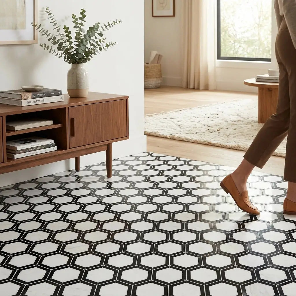Black and white glossy thassos white 2 inch vortex hexagon mosaic marble tile floor polished finish