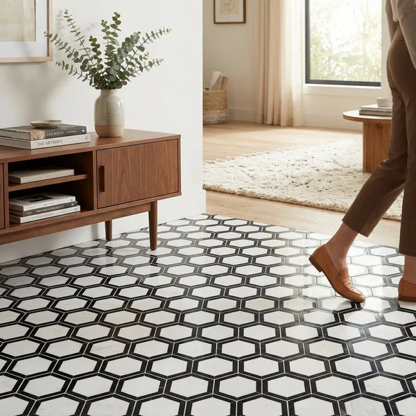 Black and white glossy thassos white 2 inch vortex hexagon mosaic marble tile floor polished finish
