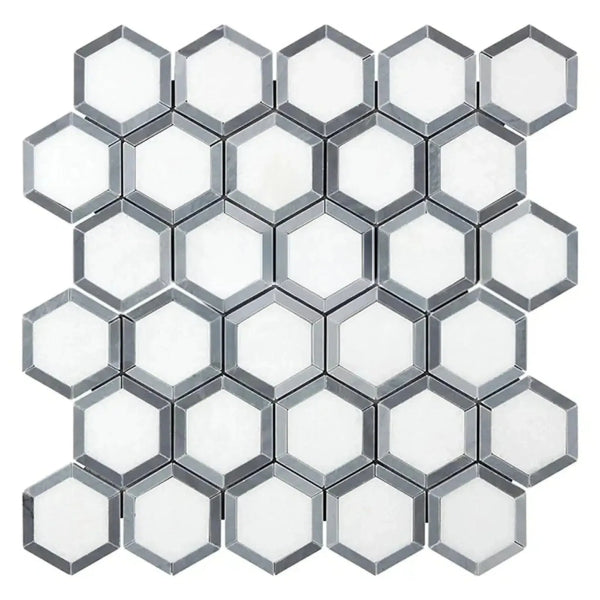 Hexagonal white and gray tile mosaic in Thassos White 2 inch Vortex Hexagon design
