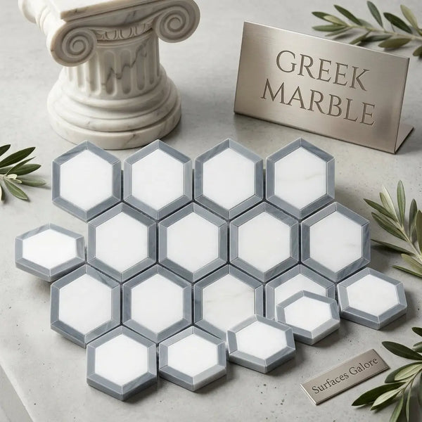 Thassos white 2 inch vortex hexagon polished marble mosaic tiles with gray metallic frames and blue-gray accents