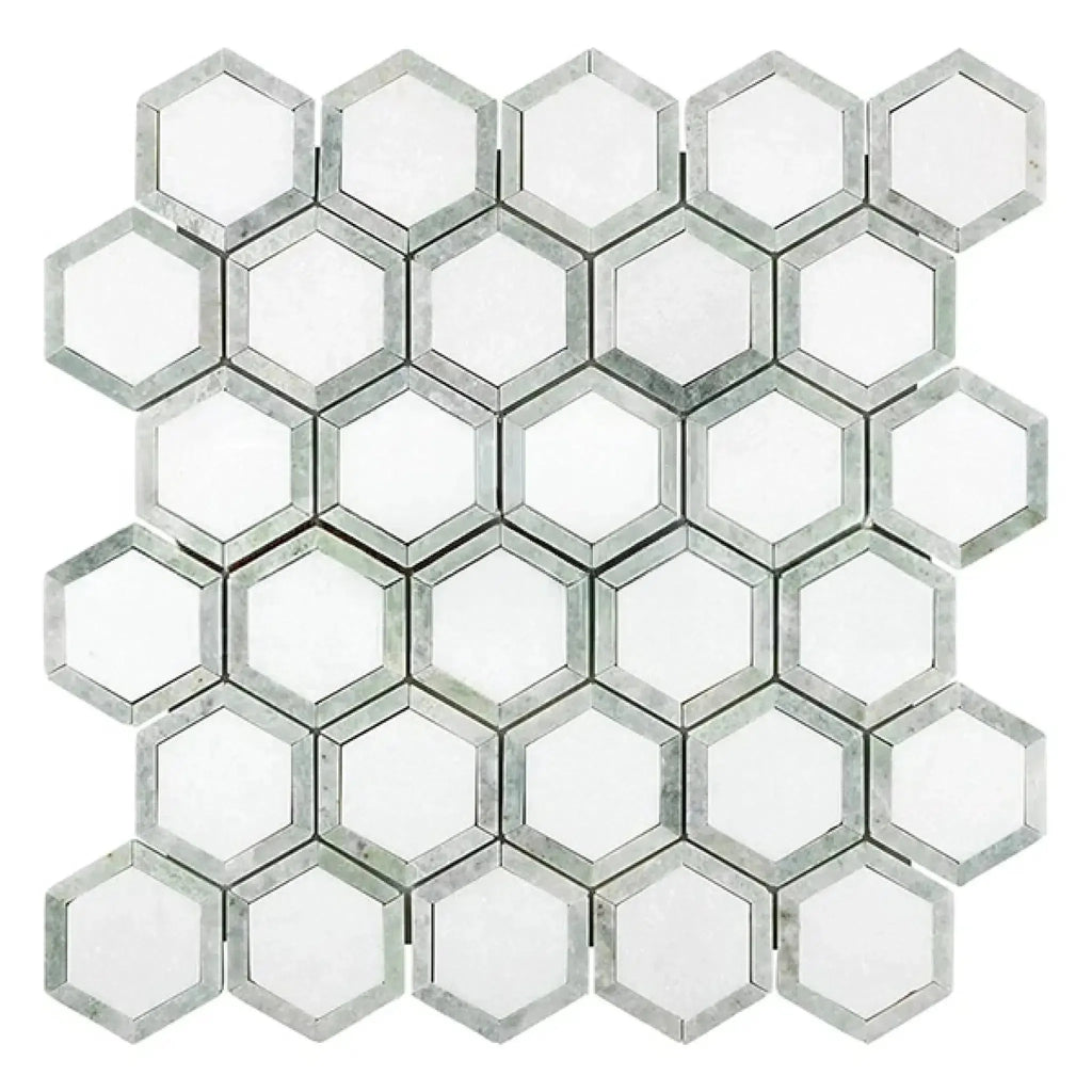 Thassos White 2 inch Vortex Hexagon mosaic tile with Ming-Green accents in polished finish