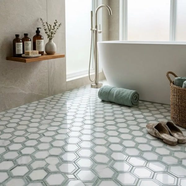 White hexagonal Thassos marble mosaic tile floor with subtle gray veining polished or honed finish