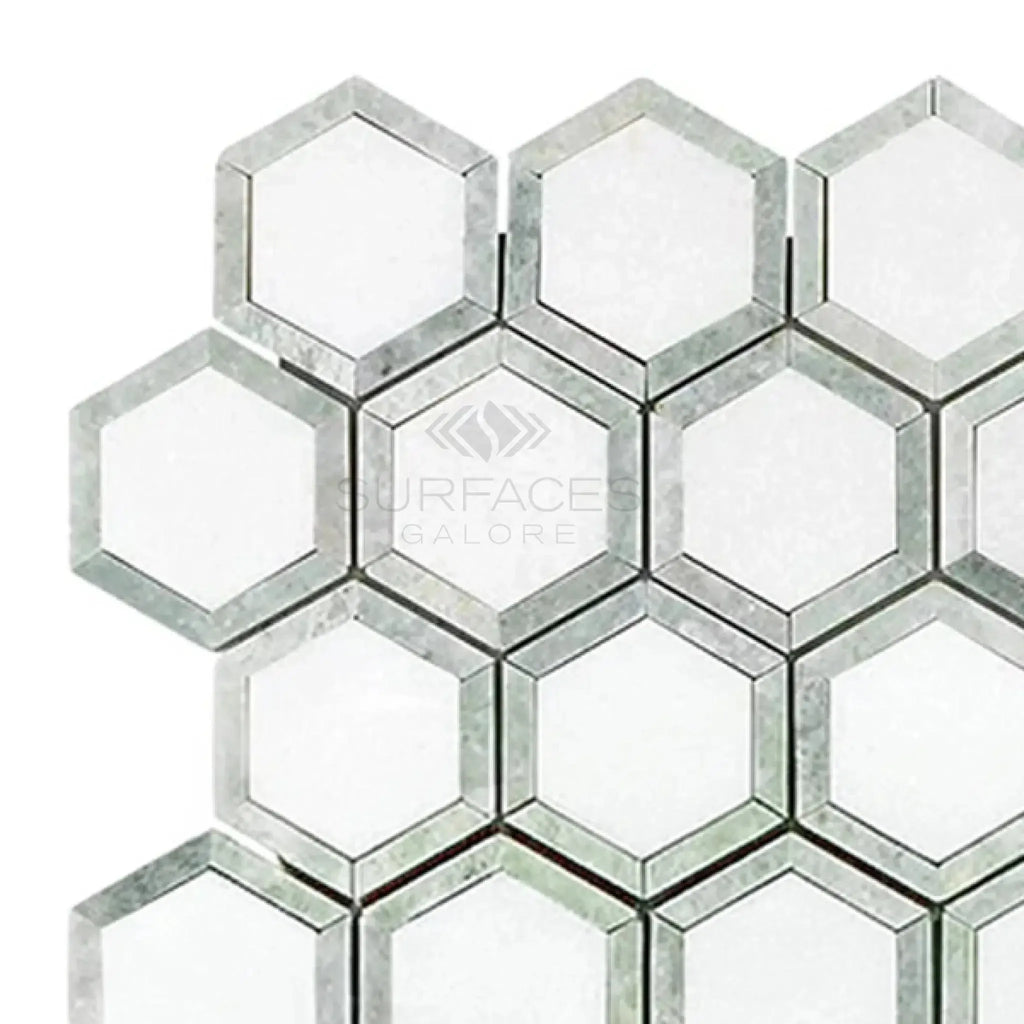 Thassos White 2-inch Vortex Hexagon Mosaic Marble in polished and honed finish