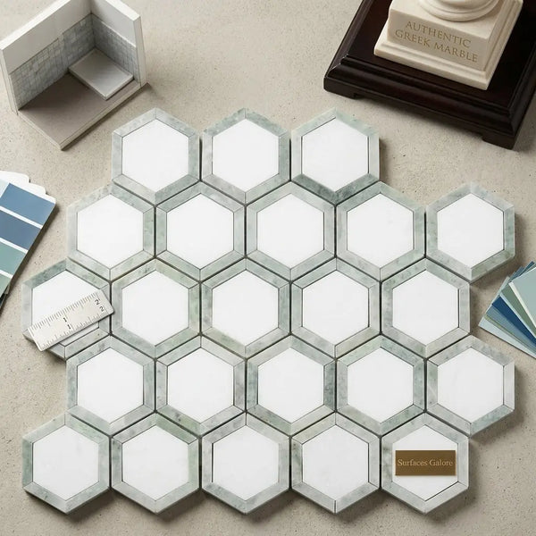 Thassos white vortex hexagon mosaic marble tile with white hexagonal center and light gray veined marble border