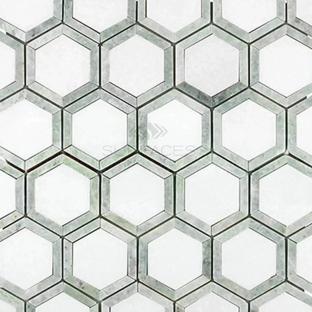 Thassos White 2 Vortex Hexagon Marble Mosaic Tile with Ming-Green Accent Pattern