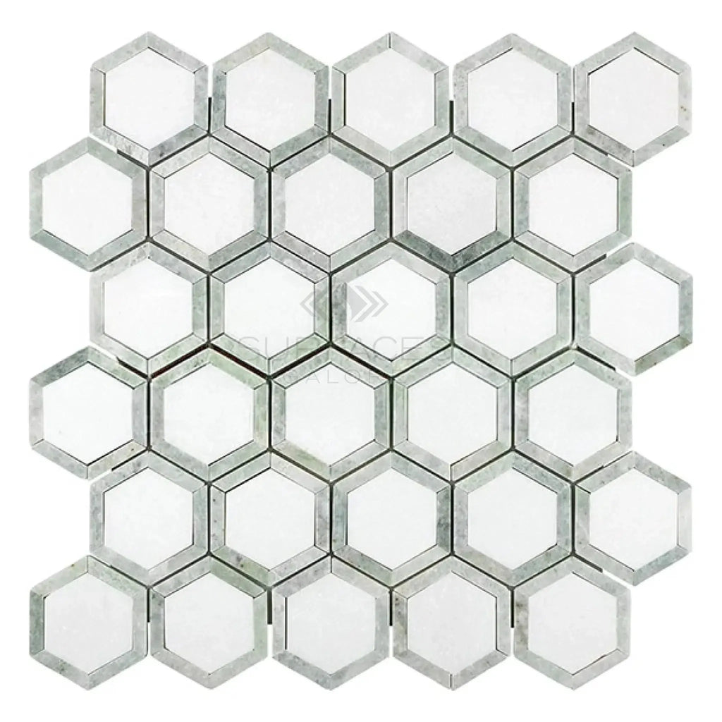 Hexagonal mosaic tile sheet in Thassos White and Ming Green polished marble