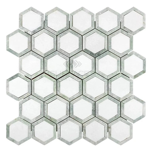 Hexagonal mosaic tile sheet in Thassos White and Ming Green polished marble