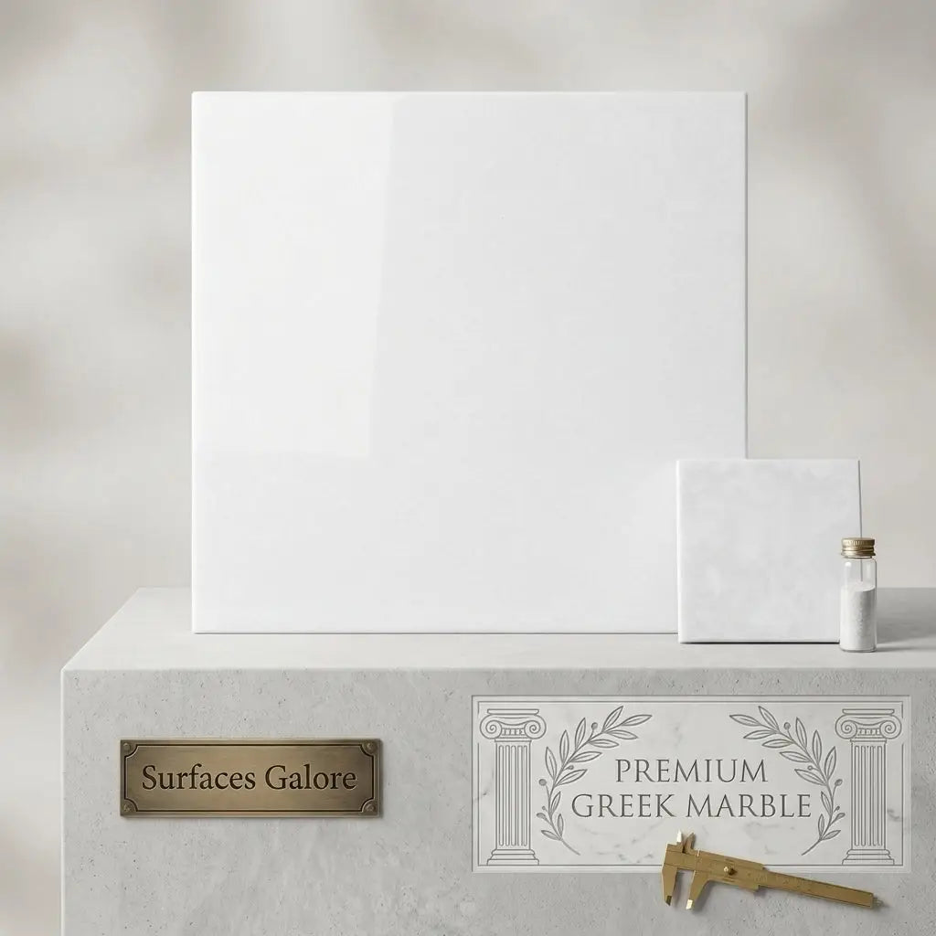 White square polished thassos marble 24x24 displayed on marble pedestal with smaller premium greek marble samples
