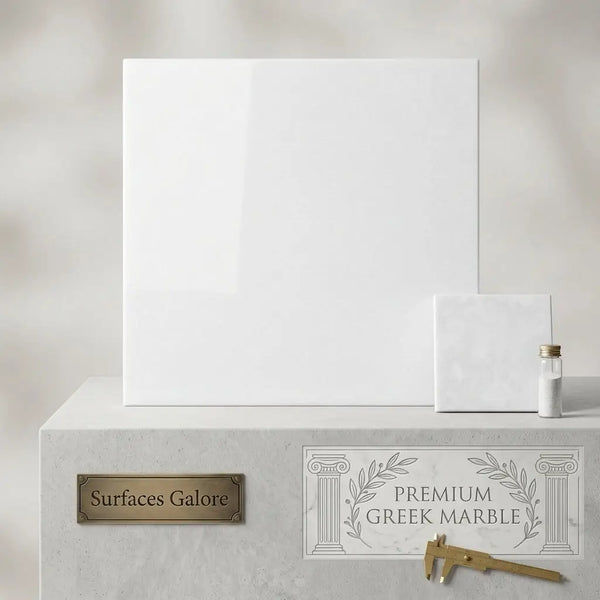 White square polished thassos marble 24x24 displayed on marble pedestal with smaller premium greek marble samples