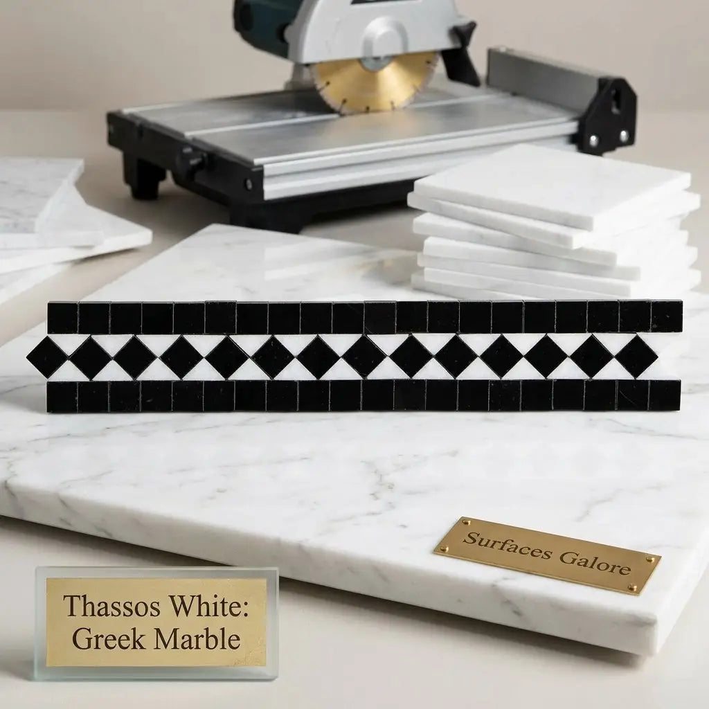 A sleek black and white diamond-patterned bias border mosaic tile on polished thassos white Greek marble slab