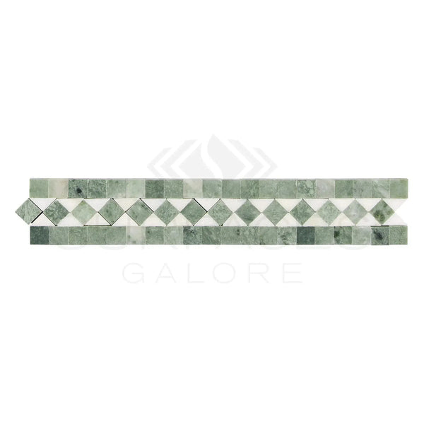 Green and white mosaic tile border on Thassos White 2X12 BIAS Marble product