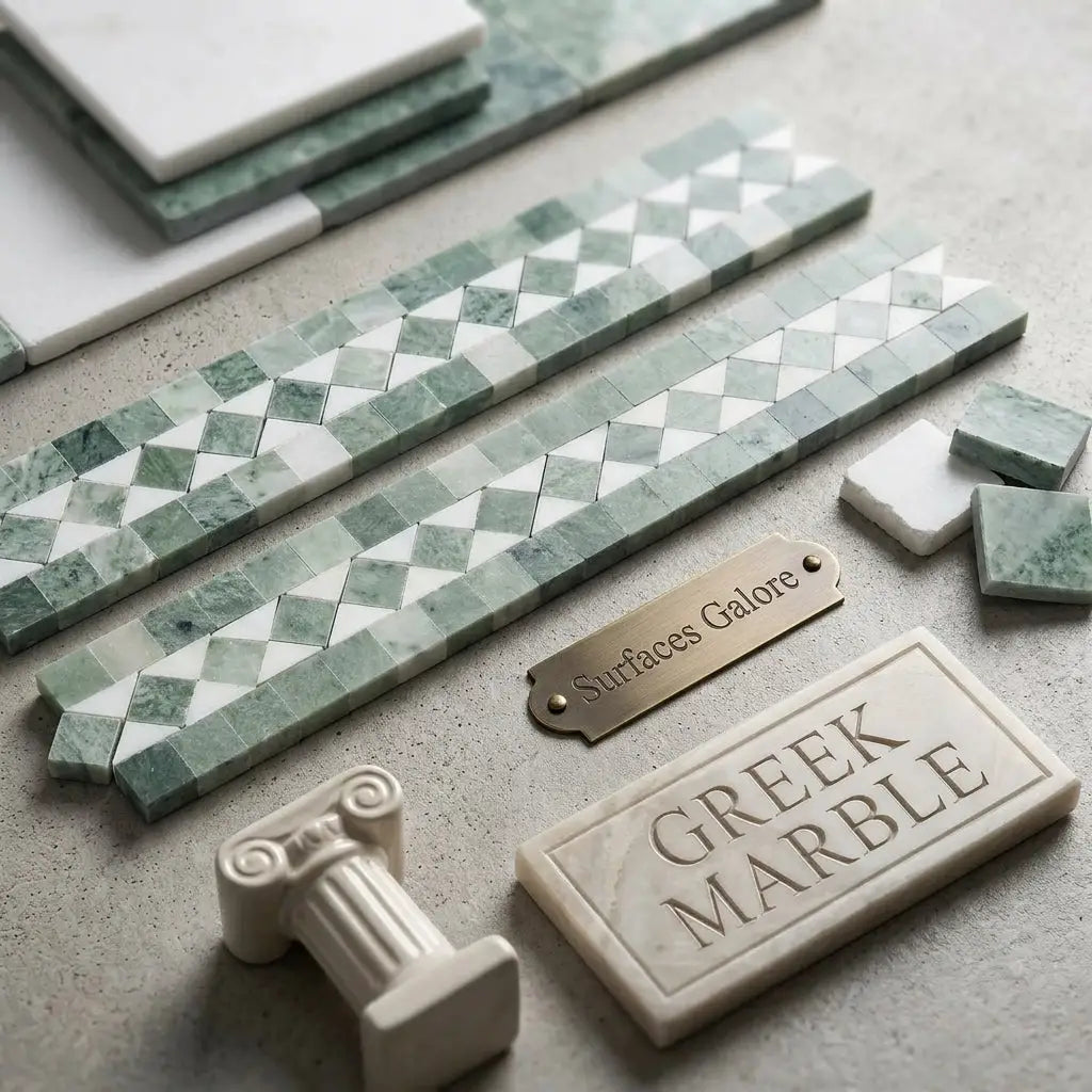 Thassos white 2x12 bias border polished marble with green and white diamond-patterned mosaic strips