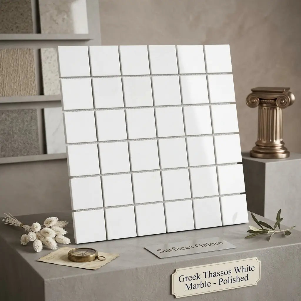 A sheet of polished greek thassos white marble tiles arranged in a grid pattern for mosaic use