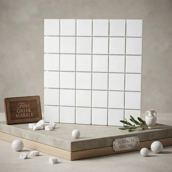 White square mosaic tile panel made of polished or honed fine greek thassos marble for elegant interior surfaces