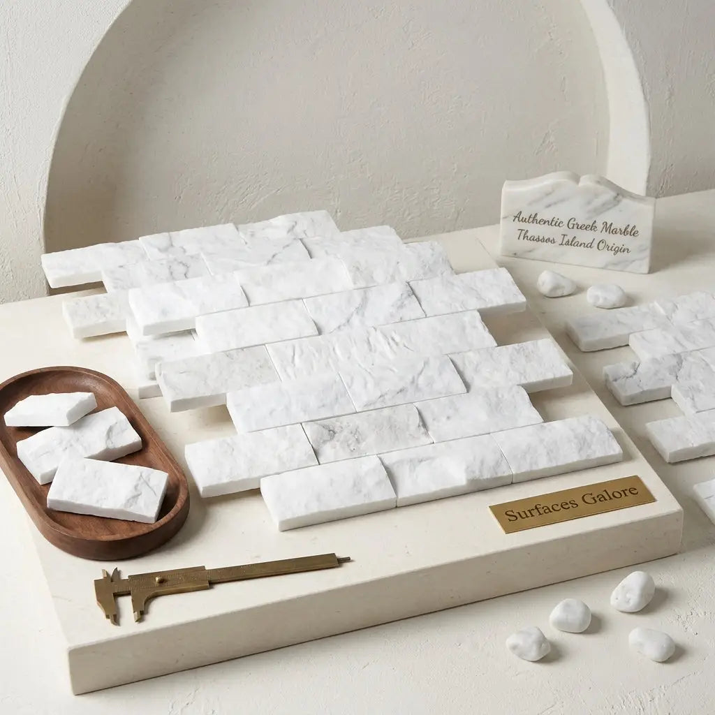 Thassos white 2x4 brick mosaic marble split-faced tiles in white Greek marble with subtle gray veining on display board