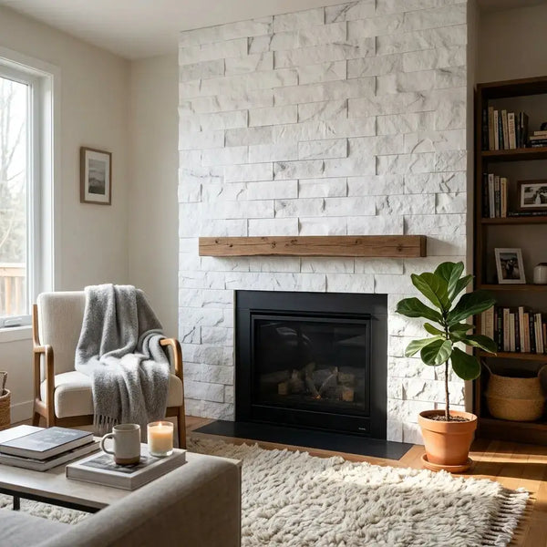 White stone fireplace with black frame and wooden mantel featuring thassos white 2x4 brick mosaic marble split-faced tiles