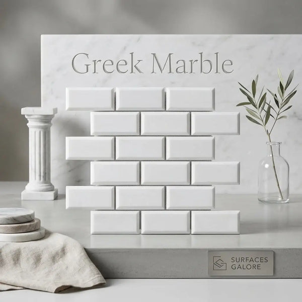 Thassos white 2x4 deep-beveled brick mosaic marble polished-honed tiles in white rectangular greek marble subway pattern