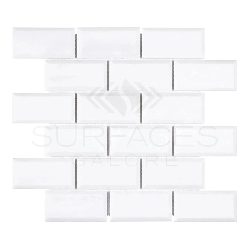 Thassos White 2X4 Deep-Beveled Brick Mosaic Marble Polished-Honed in White Glass Subway Tile
