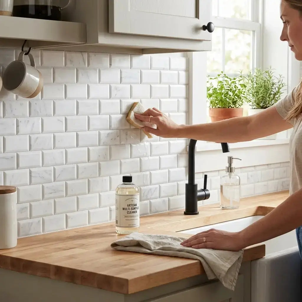 White subway tile backsplash made of thassos white 2x4 deep-beveled brick mosaic marble polished-honed