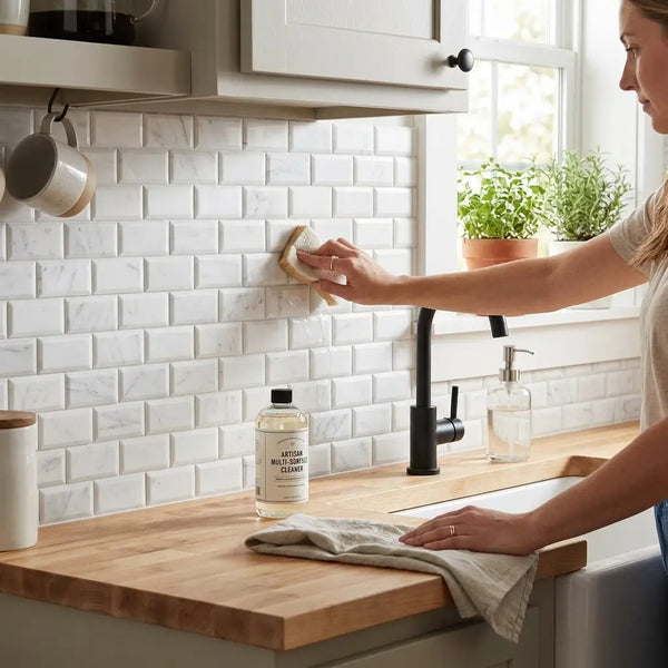 White subway tile backsplash with subtle gray veining made of Thassos white 2x4 deep-beveled brick mosaic marble polished honed