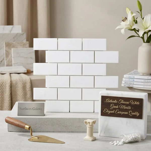 Thassos white 2x4 straight-edged brick mosaic marble tiles arranged in a classic white rectangular subway pattern