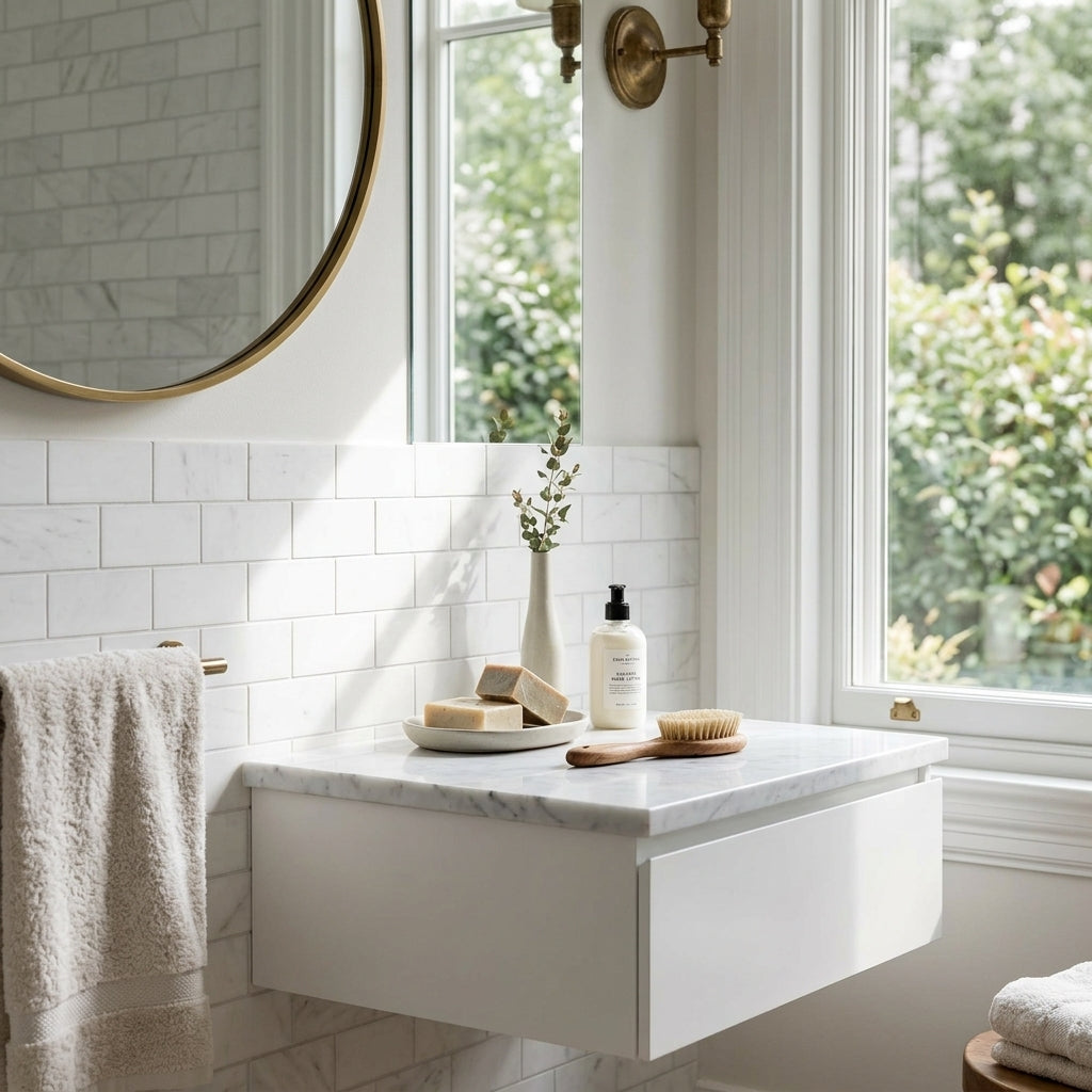 White marble bathroom vanity with sleek modern design and integrated storage drawer featuring thassos white 2x4 straight-edged brick mosaic marble