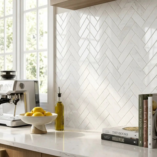 Thassos white 2x8 marble polished subway tiles in a white herringbone pattern with a glossy finish