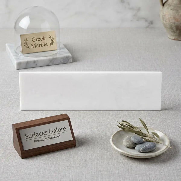 White rectangular marble nameplate featuring polished Thassos white 2x8 marble in a sleek, elegant design