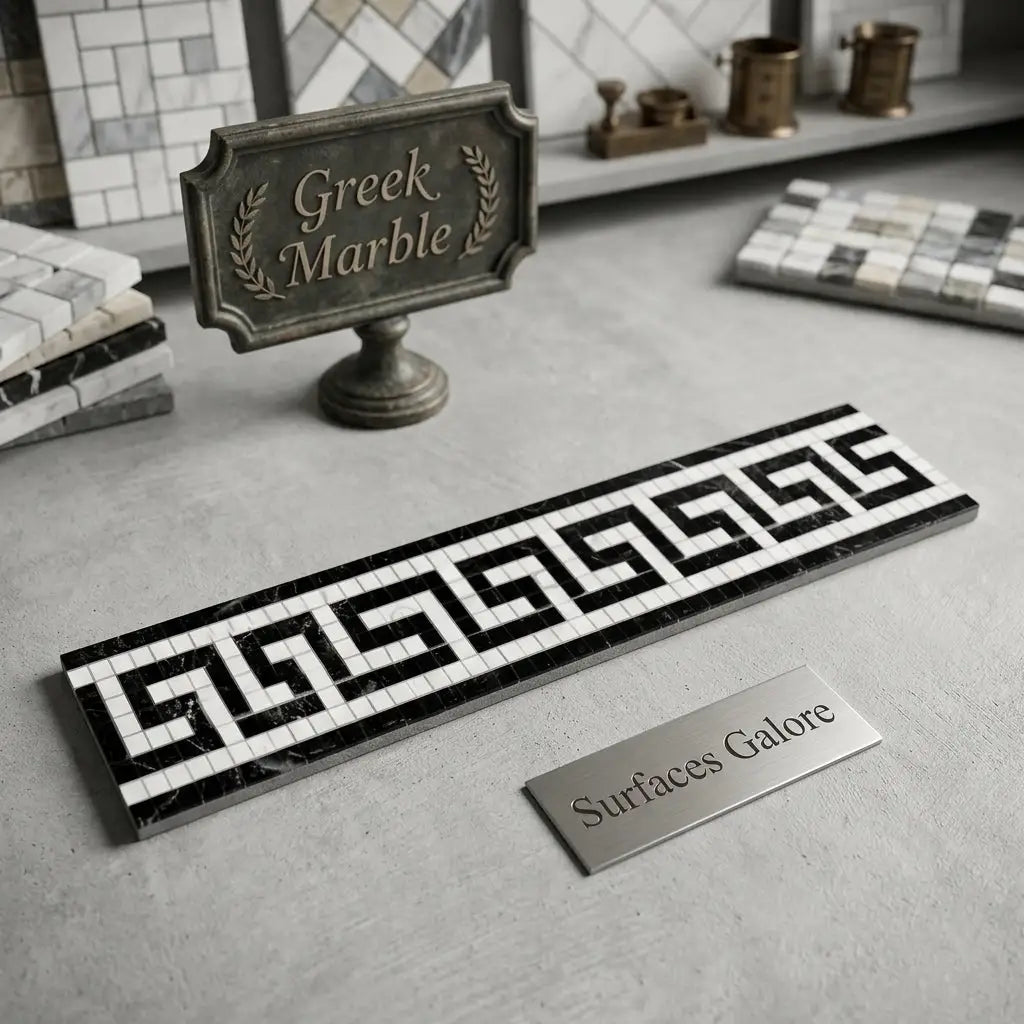 Black and white greek key pattern mosaic tile border in polished or honed thassos white marble with black accents